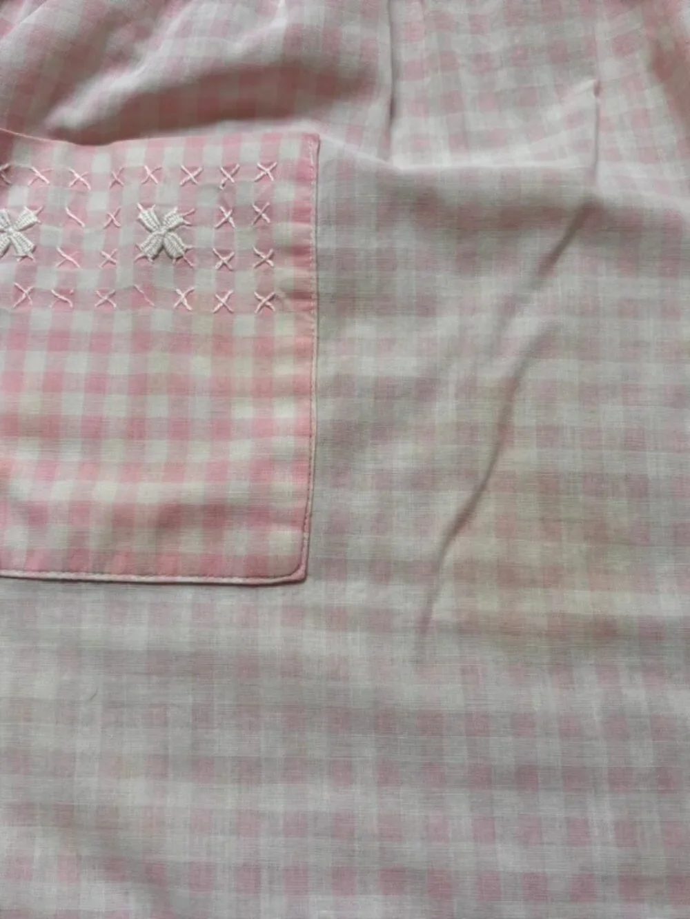 Vintage Pink Gingham Half Apron One Pocket White Cross Stitch Trim Handmade